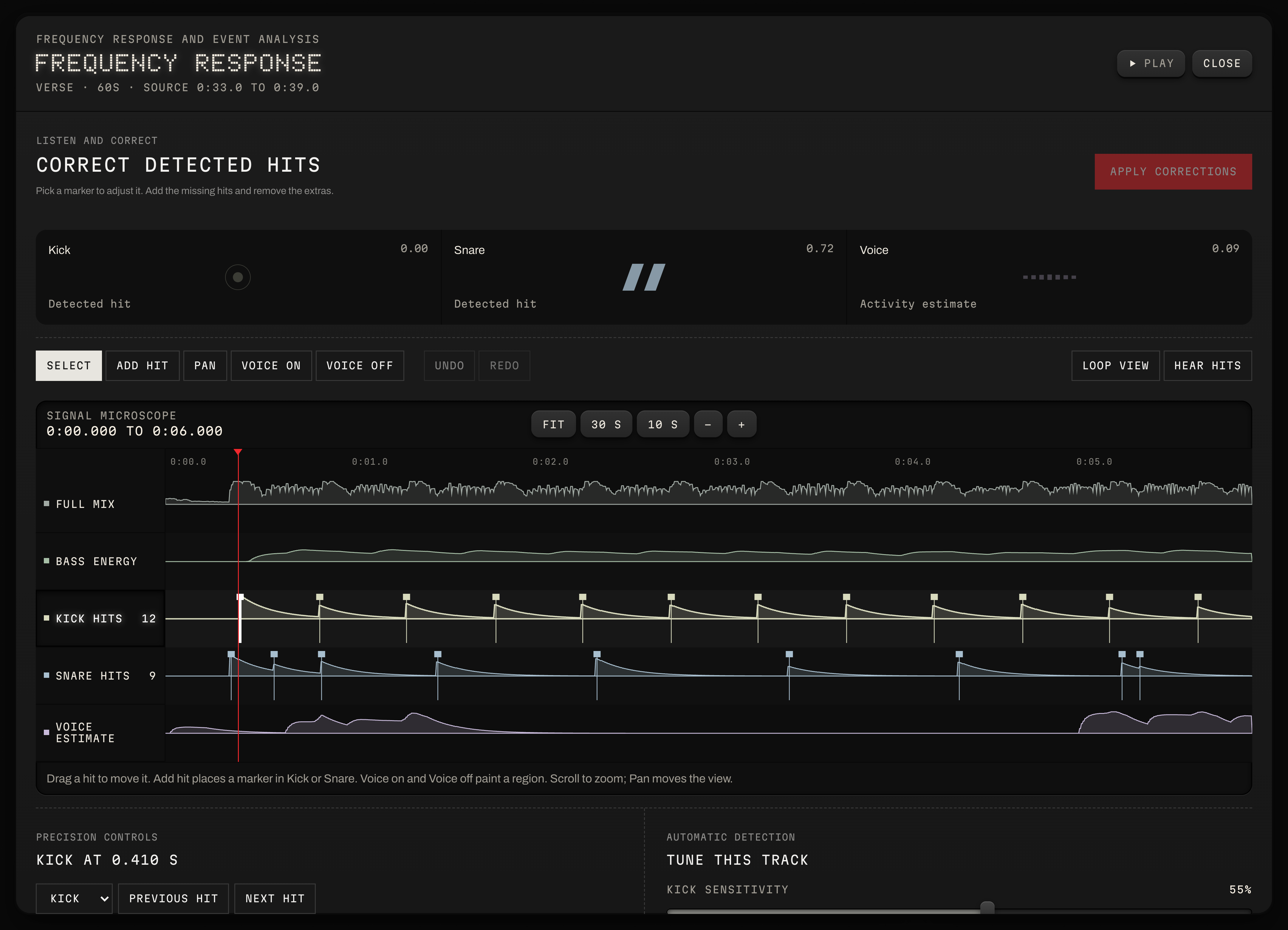 The Frequency response editor in dark mode, with a selected kick marker, editing tools, loop playback, and Apply corrections.