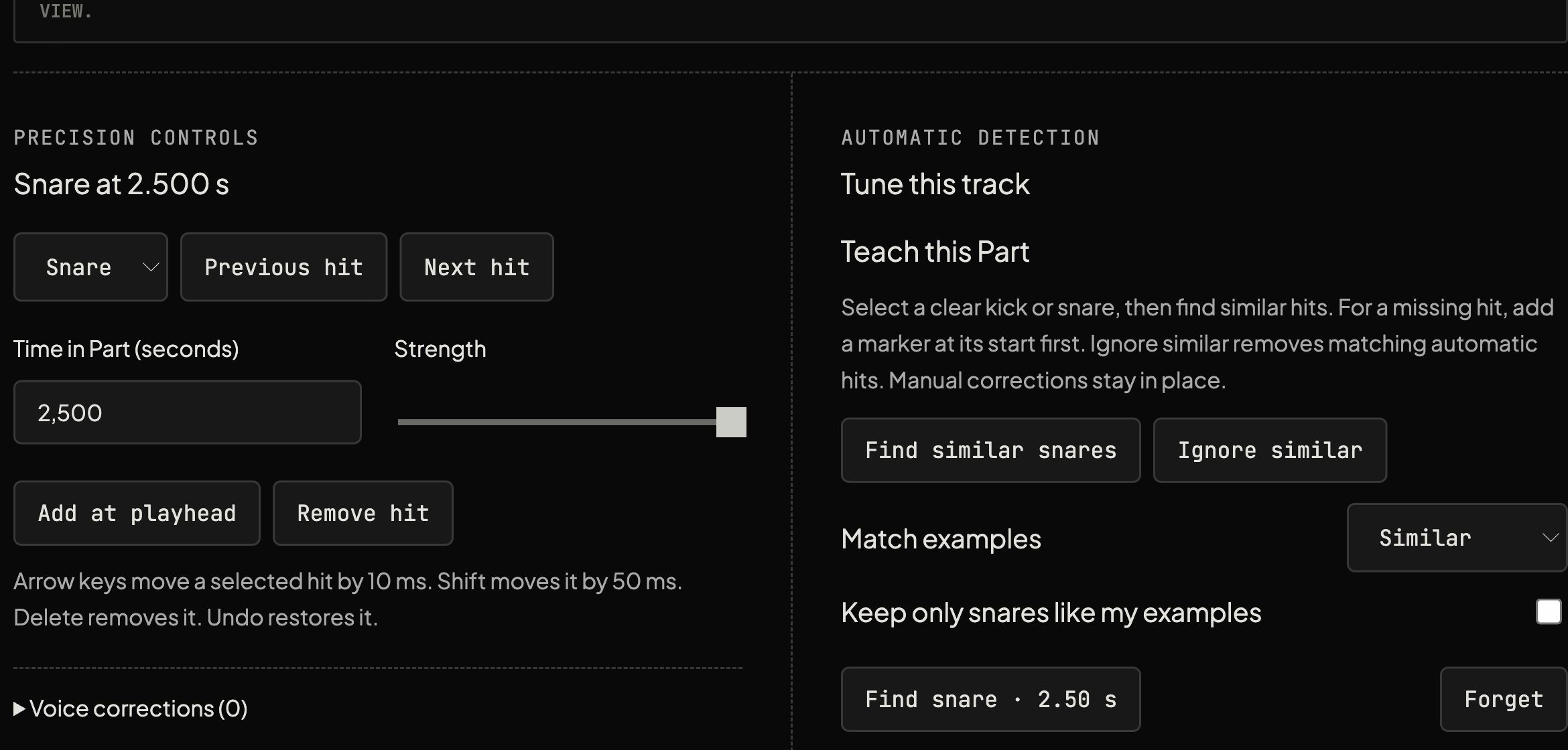 The dark sound editor with a selected snare and Teach this Part controls for matching, ignoring and forgetting examples.